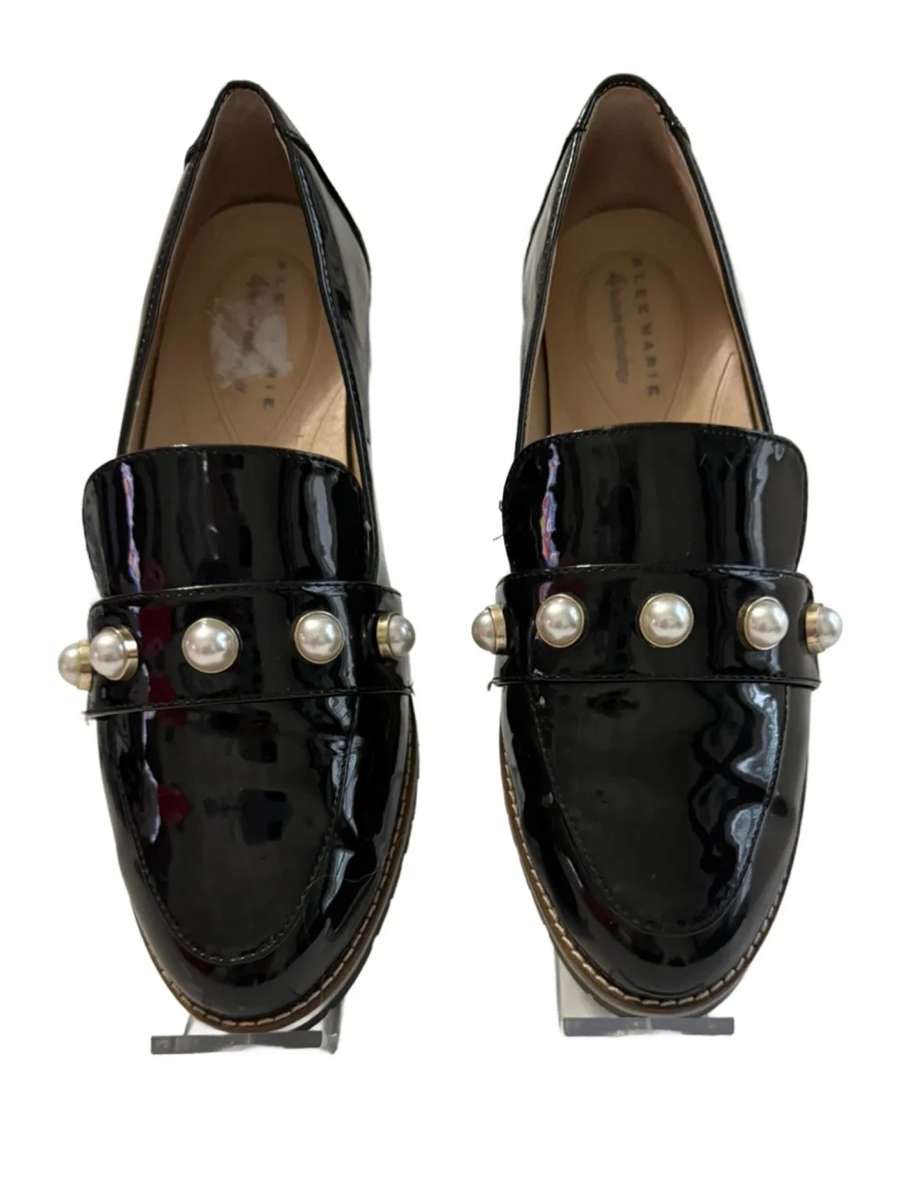 Alex Marie Black Patent Loafers with Pearl Accent. 8M